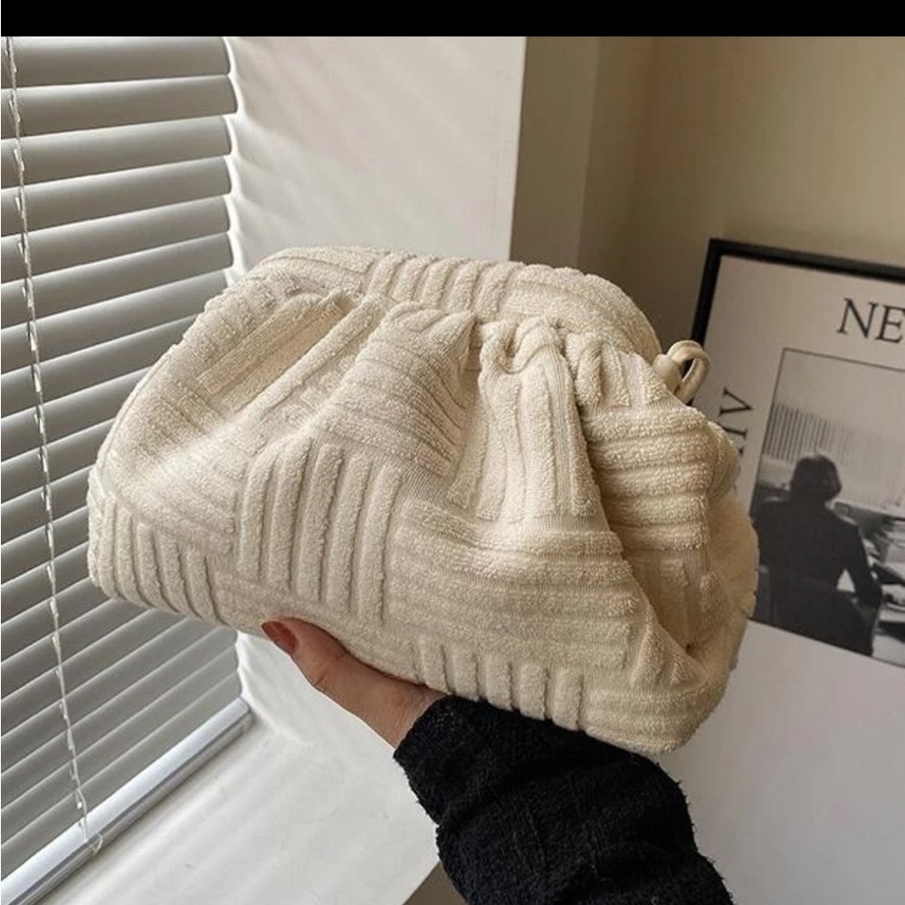 White towel material pouch with strap